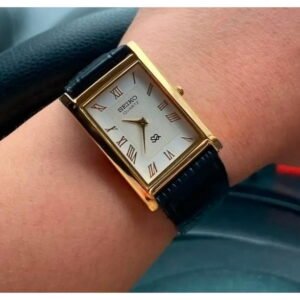Seiko Men's Slim Quartz Watch ? Golden Case, Roman Dial, Elegant Leather Strap