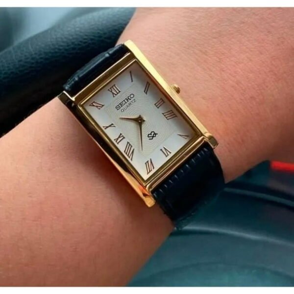 Seiko Men's Slim Quartz Watch ? Golden Case, Roman Dial, Elegant Leather Strap
