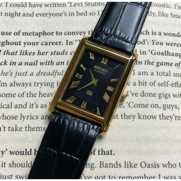 Seiko Quartz Rectangular Black Dial Men's Gold Watch ? Classic Leather Strap