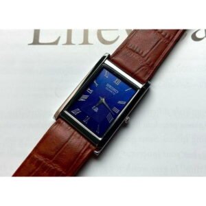 Seiko Quartz Blue Dial Rectangular Men?s Watch ? Brown Leather Strap with Roman Numerals
