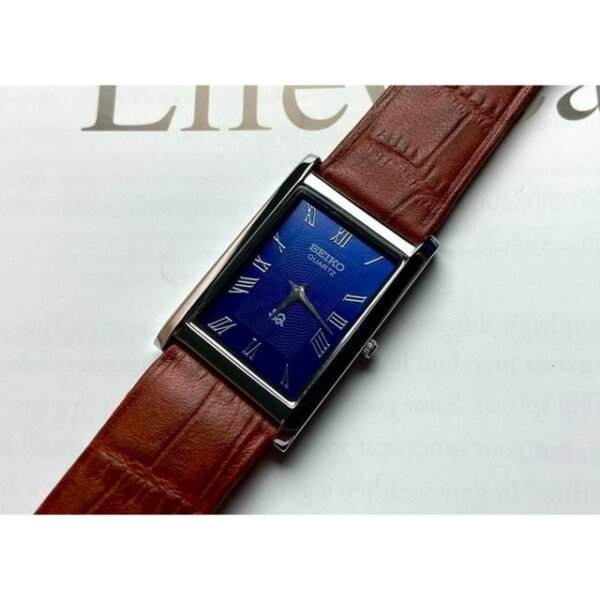 Seiko Quartz Blue Dial Rectangular Men?s Watch ? Brown Leather Strap with Roman Numerals
