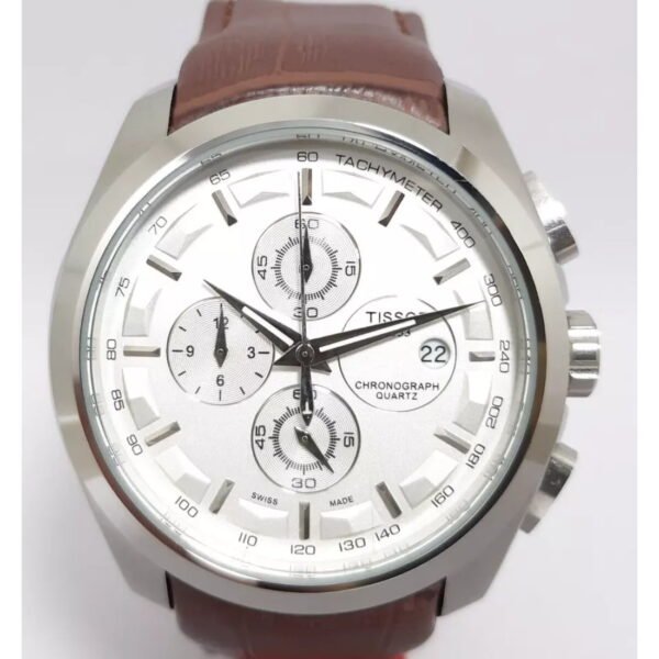 Tissot Men's Elegant Chronograph Watch with Silver Dial and Brown Leather Band