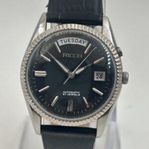 Vintage Ricoh Men's Automatic Watch ? 21 Jewels, Day & Date Display, Black Dial, Leather Strap